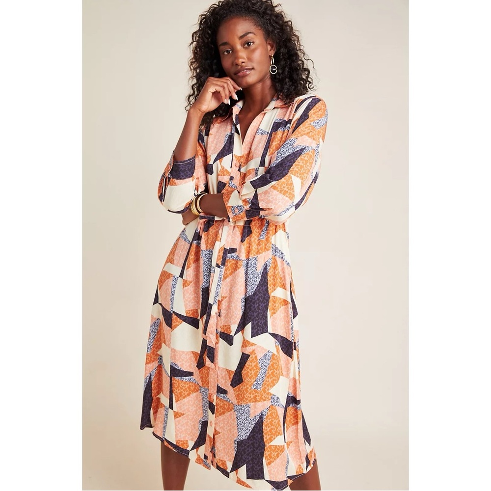 Anthropologie Corey Lynn Calter Abstract Shirt Midi Dress Orange Geometric Print